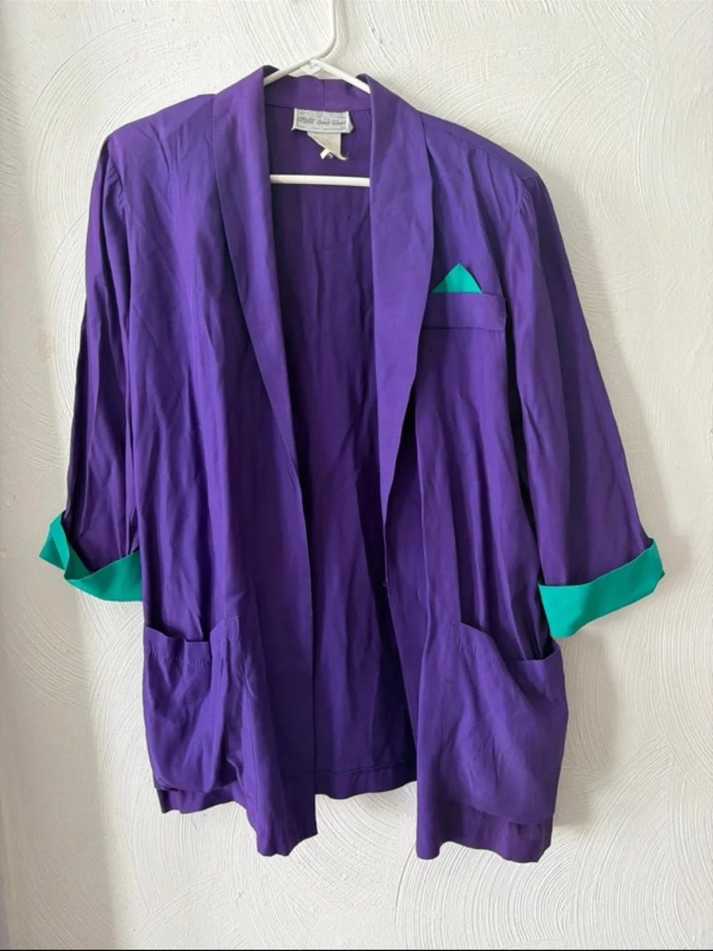 Purple Open-Front Blazer with Teal Trim
